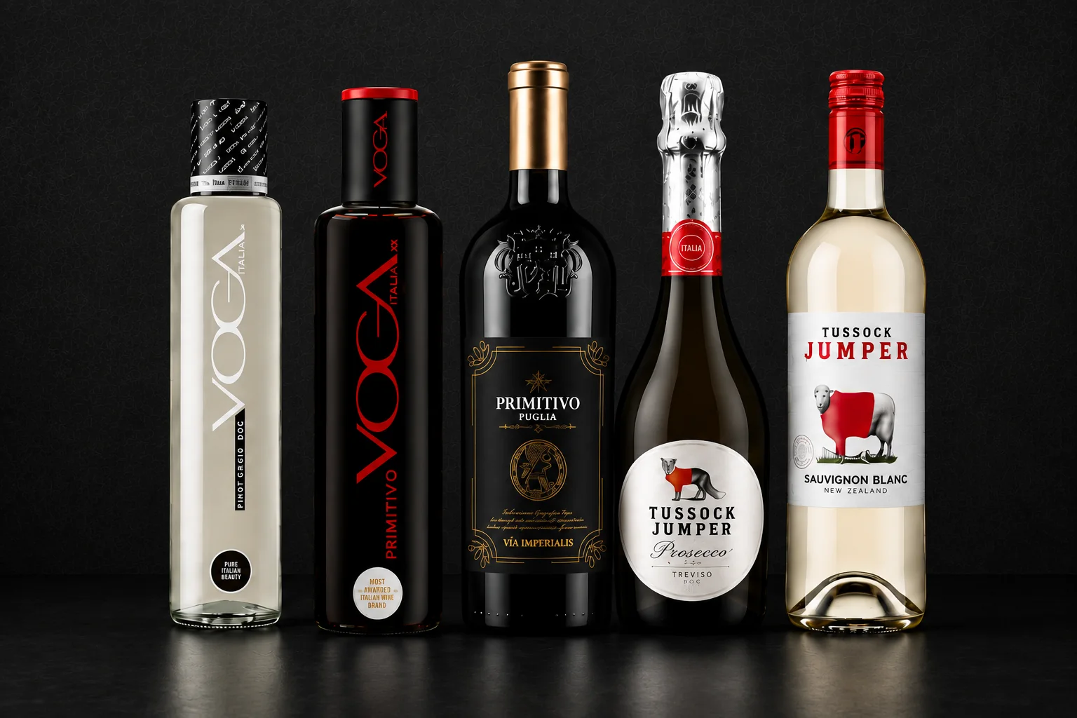 Prémiová vína VOGA Pinot Grigio, VOGA Primitivo, Via Imperialis a Tussock Jumper